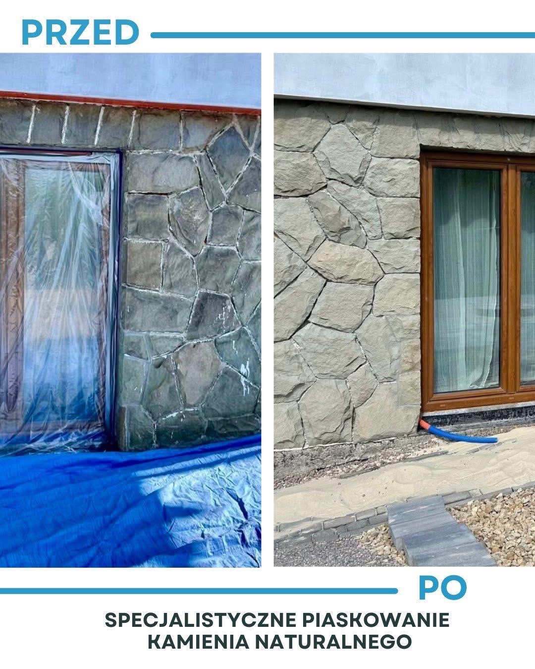 Zdjęcie 'przed i po' piaskowania kamiennej elewacji budynku. Po lewej elewacja zabezpieczona folią, po prawej czysta elewacja z oknem. Widoczne detale kamienia.
