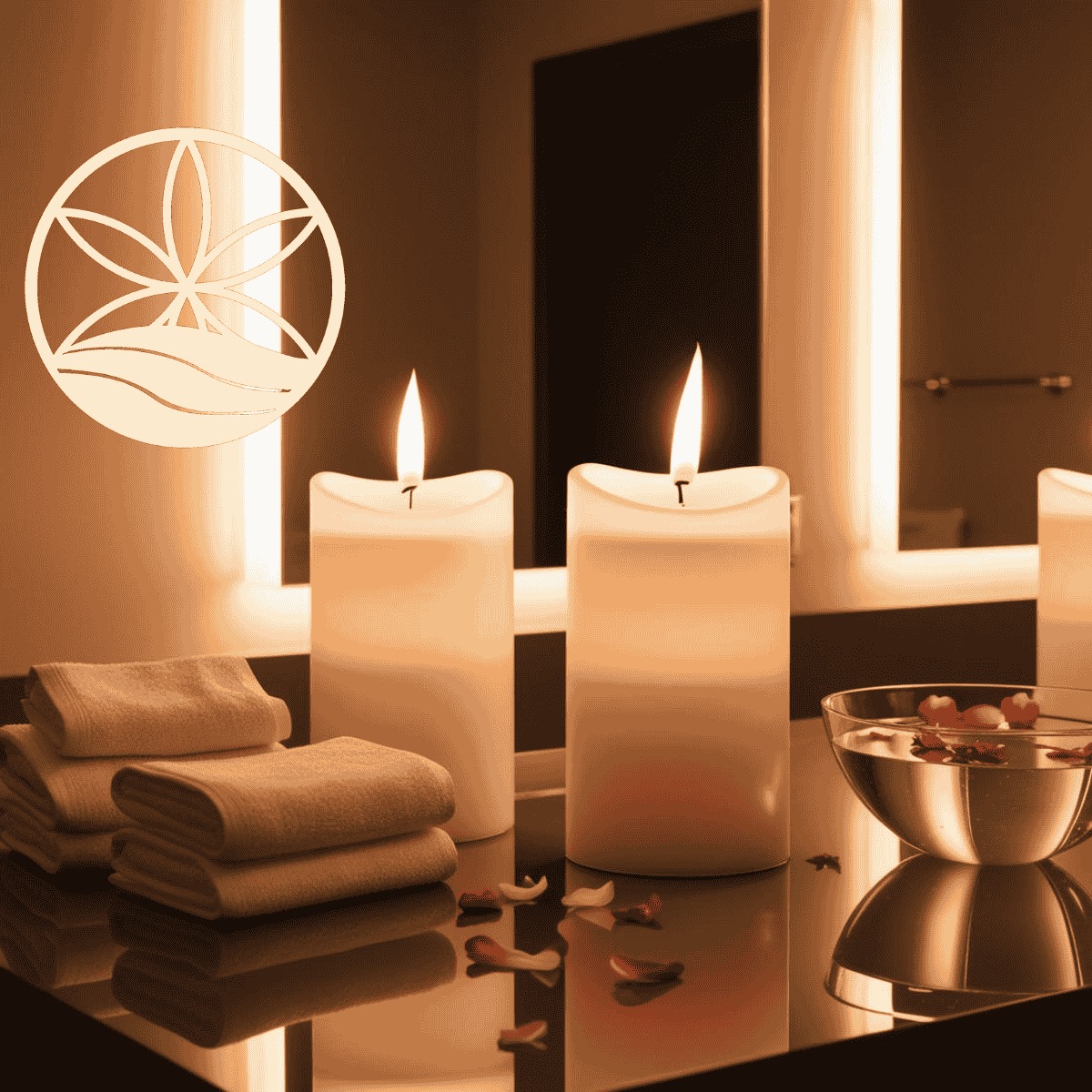 Relaksująca aranżacja spa w Gdańsku: płonące świece, stos ręczników i miseczka z płatkami róż na lustrzanej powierzchni, podświetlane lustra w tle, logo salonu w lewym górnym rogu.