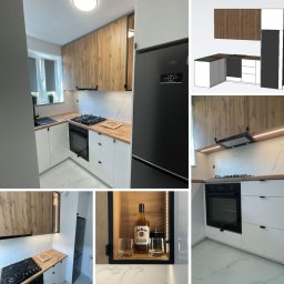 Twoje wyjątkowe meble - Nowoczesna, narożna kuchnia w małym mieszkaniu: białe, akrylowe fronty szafek dolnych kontrastują z drewnopodobnymi szafkami górnymi; czarny piekarnik i lodówka; blat z drewnianym dekorem;...