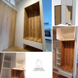 Twoje wyjątkowe meble - Biało-drewniana szafa wnękowa z otwartą przestrzenią na buty i wieszakami, wkomponowana w przedpokój z widokiem na kuchnię.