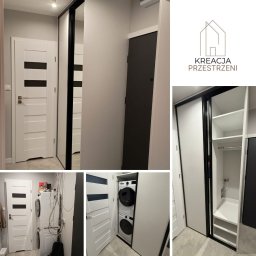 Twoje wyjątkowe meble - Zabudowa pralni z szafą przesuwną: białe fronty z lustrem i czarnymi okuciami, pralka i suszarka w kolumnie, widoczne wnętrze szafy z półkami i drążkiem, logo firmy Kreacja Przestrzeni.