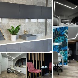 Nasz projekt łączy nowoczesność z funkcjonalnością. Eleganckie fronty akrylowe oraz blaty z Corianu, w połączeniu z zabudowami lameli z litego drewna jesion, tworzą przytulną atmosferę. Oświetlenie LED zapewnia idealne warunki do usług kosmetycznych.