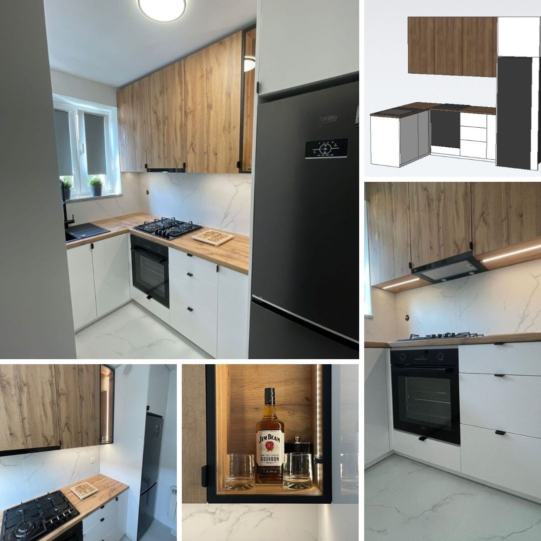 Nowoczesna, narożna kuchnia w małym mieszkaniu: białe, akrylowe fronty szafek dolnych kontrastują z drewnopodobnymi szafkami górnymi; czarny piekarnik i lodówka; blat z drewnianym dekorem;...