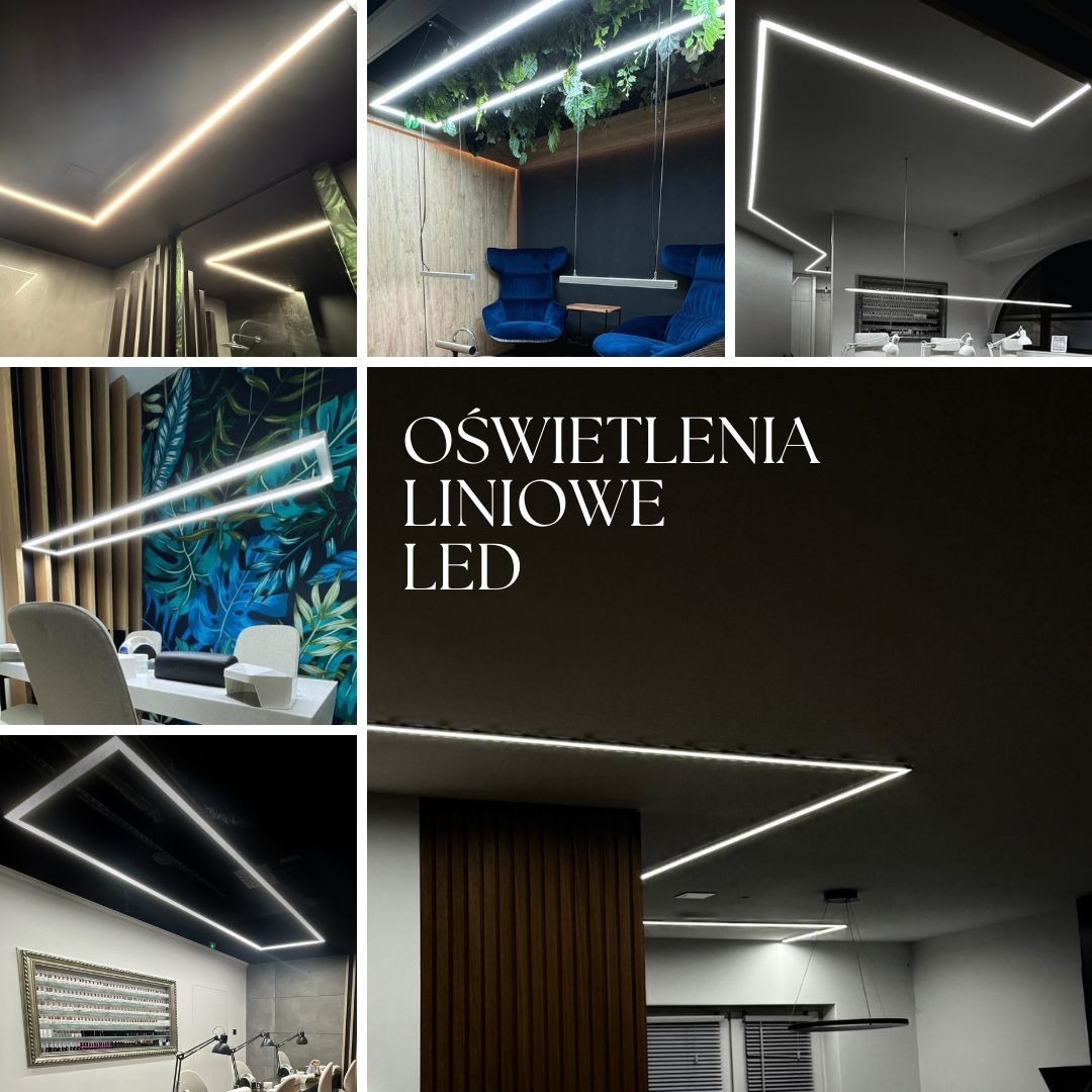 Kolaż przedstawia aranżacje wnętrz z zastosowaniem liniowego oświetlenia LED: salon kosmetyczny z oświetleniem nad stanowiskiem manicure, pokój relaksacyjny z wiszącymi roślinami i oświetleniem...