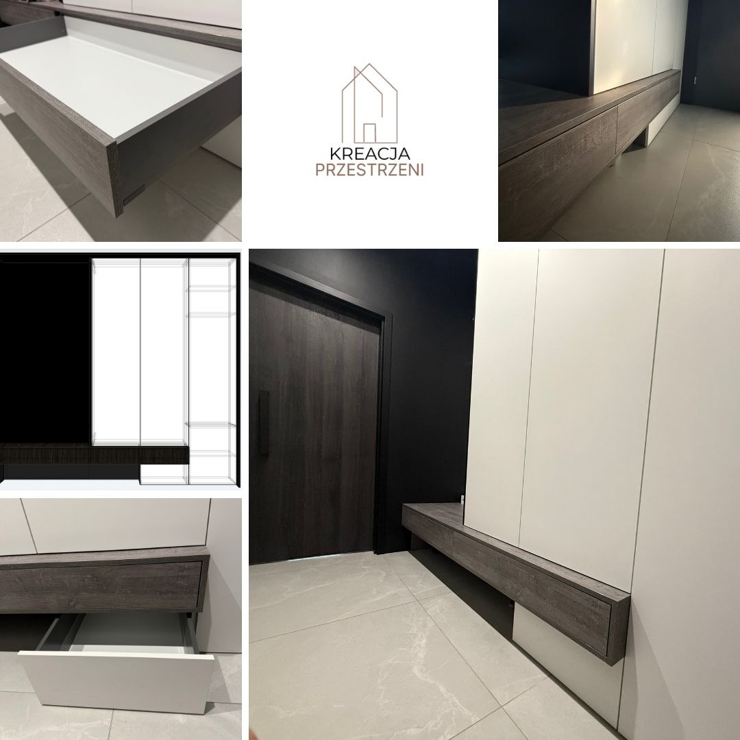 Nowoczesna szafa wnękowa z białymi frontami i elementami z ciemnego drewna, widoczna otwarta szuflada z białym wnętrzem, obok drzwi w kolorze drewna i logo firmy Kreacja Przestrzeni.