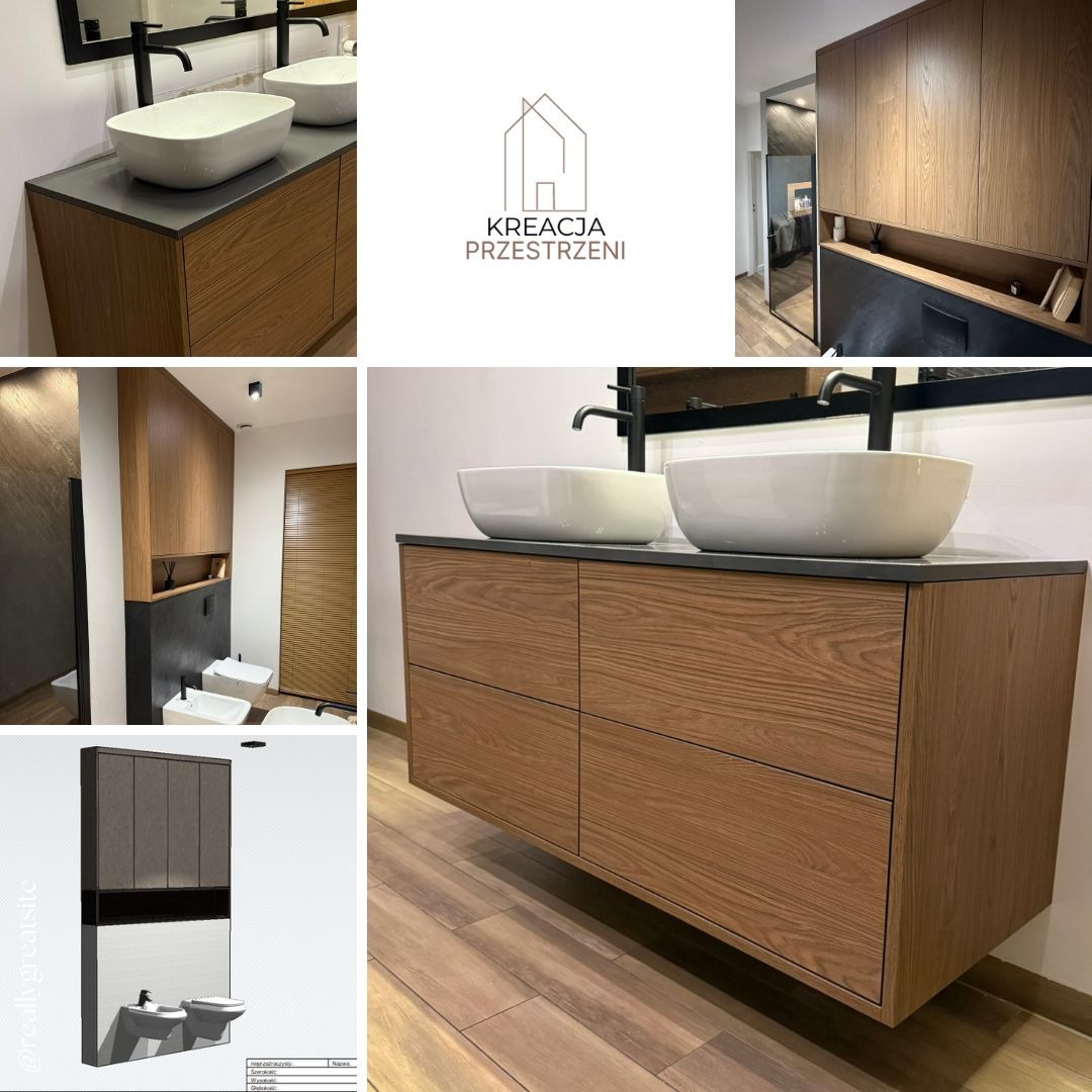 Nowoczesna łazienka z drewnianą szafką pod umywalki nablatowe, czarne baterie, blat w kolorze antracytu. Widoczny fragment ściany z zabudową szafek i toalety. W tle logo firmy Kreacja Przestrzeni.