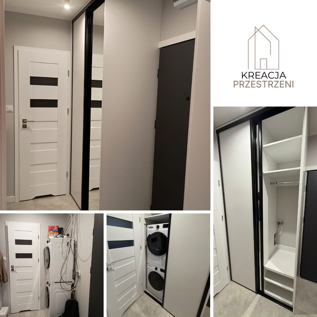 Zabudowa pralni z szafą przesuwną: białe fronty z lustrem i czarnymi okuciami, pralka i suszarka w kolumnie, widoczne wnętrze szafy z półkami i drążkiem, logo firmy Kreacja Przestrzeni.