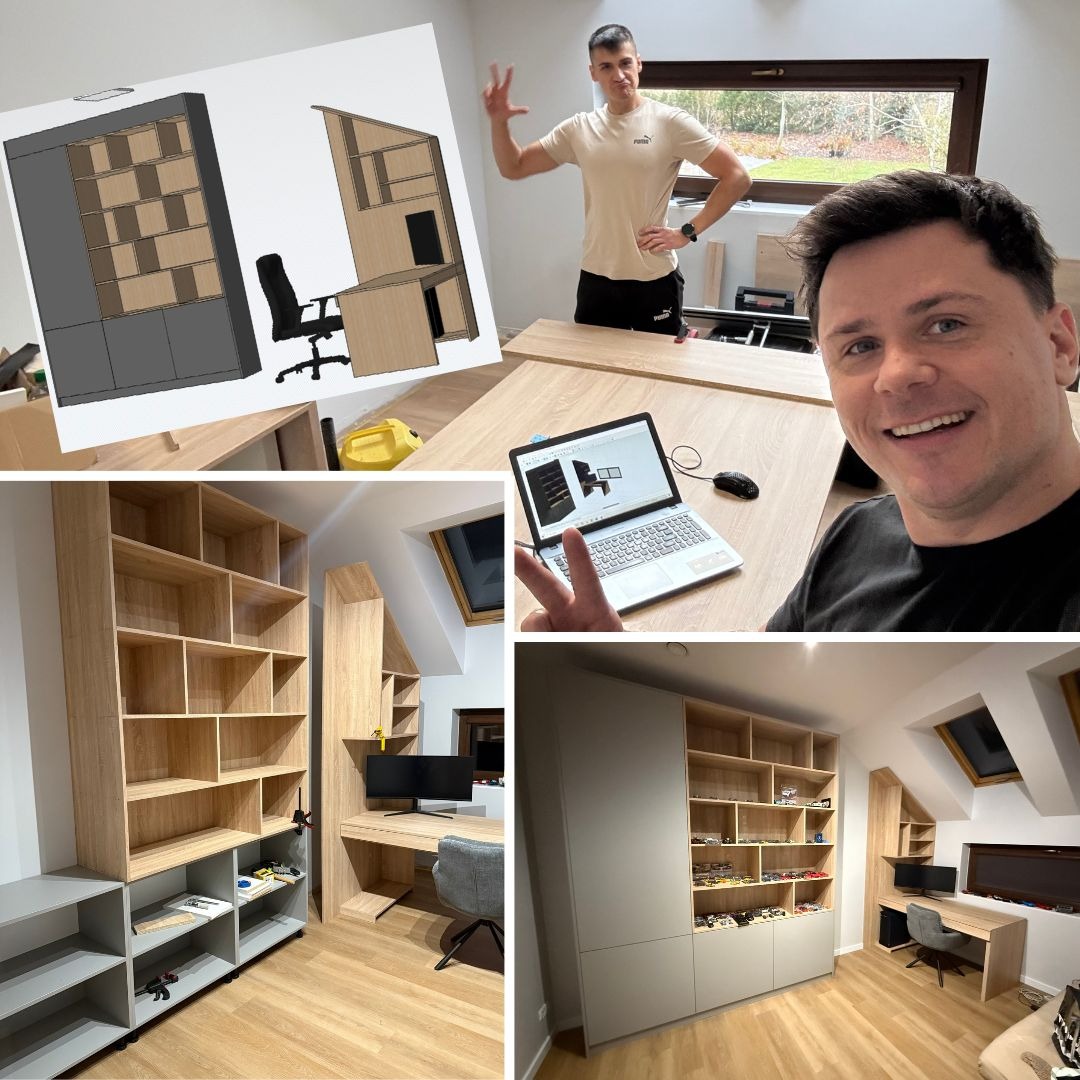 Kolaż zdjęć przedstawiający proces tworzenia szafy na wymiar z biurkiem w pokoju ze skosem: od projektu 3D, przez przygotowanie elementów, po gotową realizację z pracownikiem.
