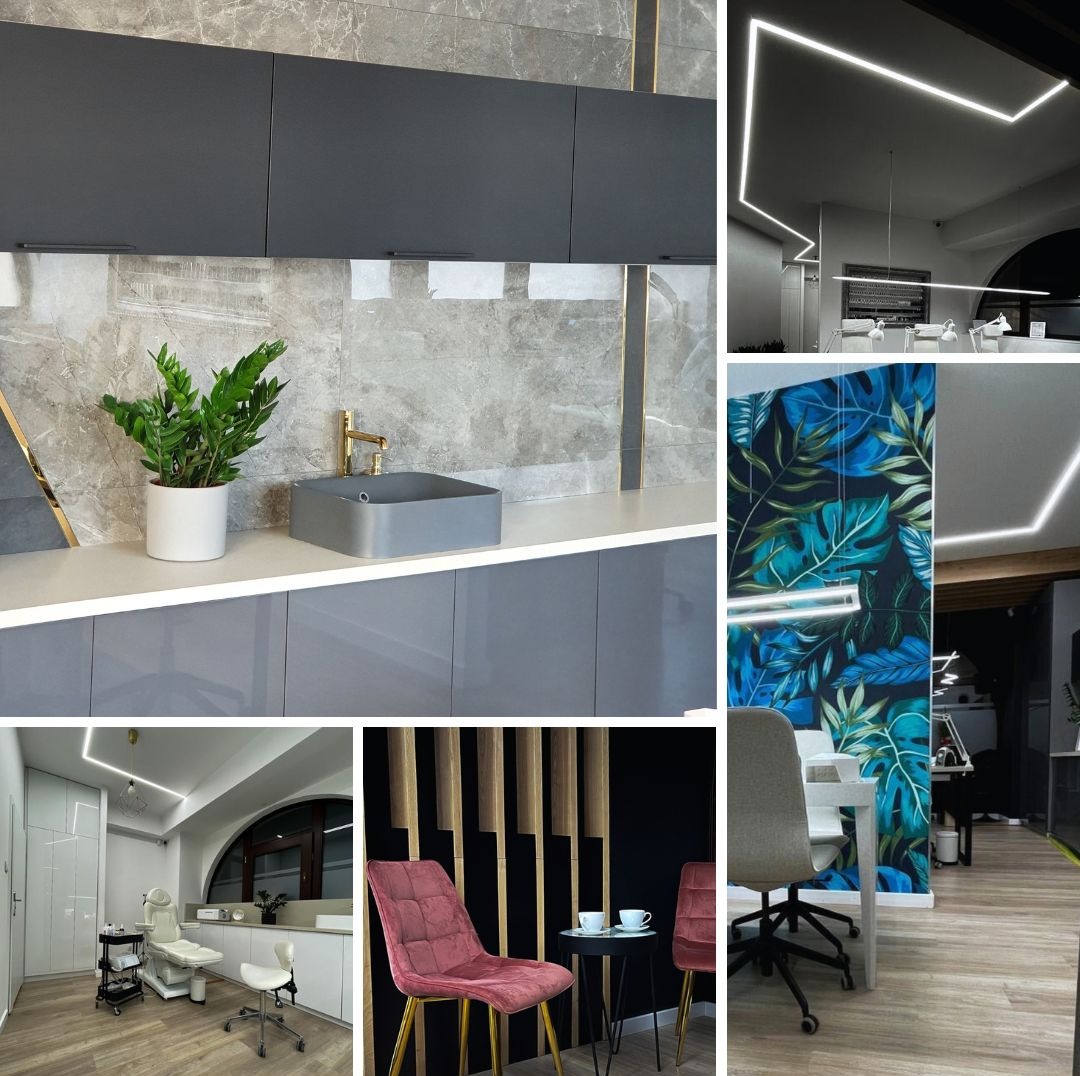 Nowoczesne wnętrze salonu kosmetycznego z szarymi szafkami, umywalką z pozłacaną baterią, rośliną w doniczce, oświetleniem LED, fotelami kosmetycznymi i dekoracyjną ścianą z motywem liści.
