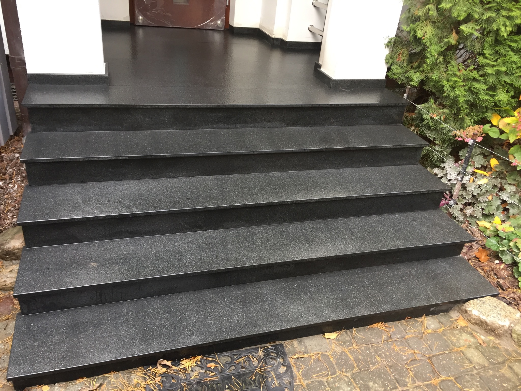 Granitowe schody wejściowe do domu, ciemny kamień, widoczne cztery stopnie, roślinność po prawej stronie. Gładka powierzchnia stopni.