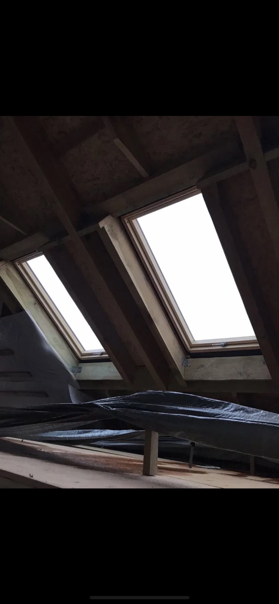 Dwa okna dachowe w drewnianej konstrukcji dachu poddasza, widoczne od wewnątrz, przesłonięte folią ochronną. Ujęcie od dołu, z niskiej perspektywy.