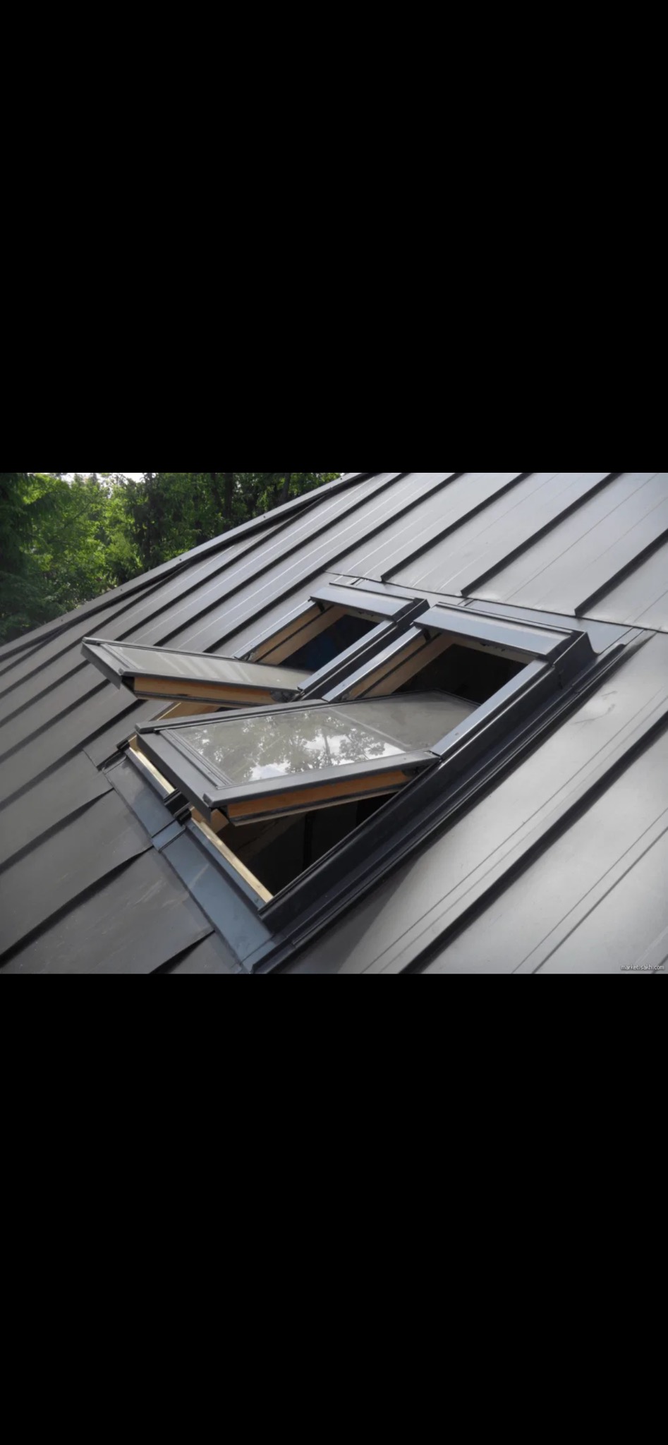 Dwa otwarte okna dachowe na ciemnym, metalowym dachu z widocznym fragmentem zieleni w tle. Okna uchylone, ukazujące drewniane elementy konstrukcyjne.