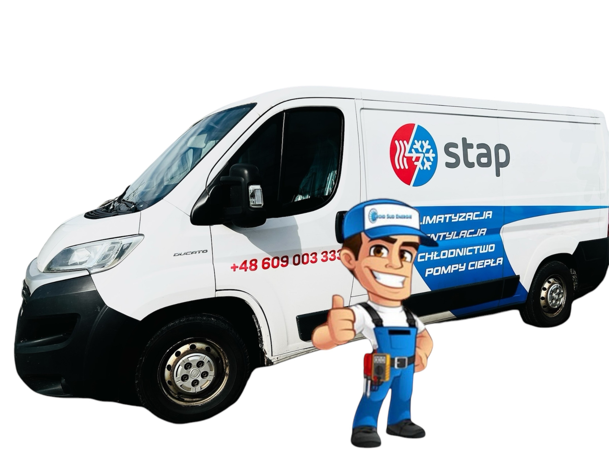 Biały samochód dostawczy z logo firmy 'stap' specjalizującej się w klimatyzacji, wentylacji, chłodnictwie i pompach ciepła, obok którego stoi uśmiechnięty, animowany monter w niebieskim...