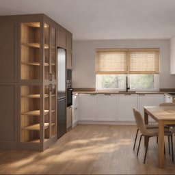 Andrii Pavlov - Nowoczesna kuchnia z zabudową w odcieniach brązu i bieli, drewniany stół z krzesłami, okno z roletami bambusowymi. Minimalistyczny design, ciepłe oświetlenie.