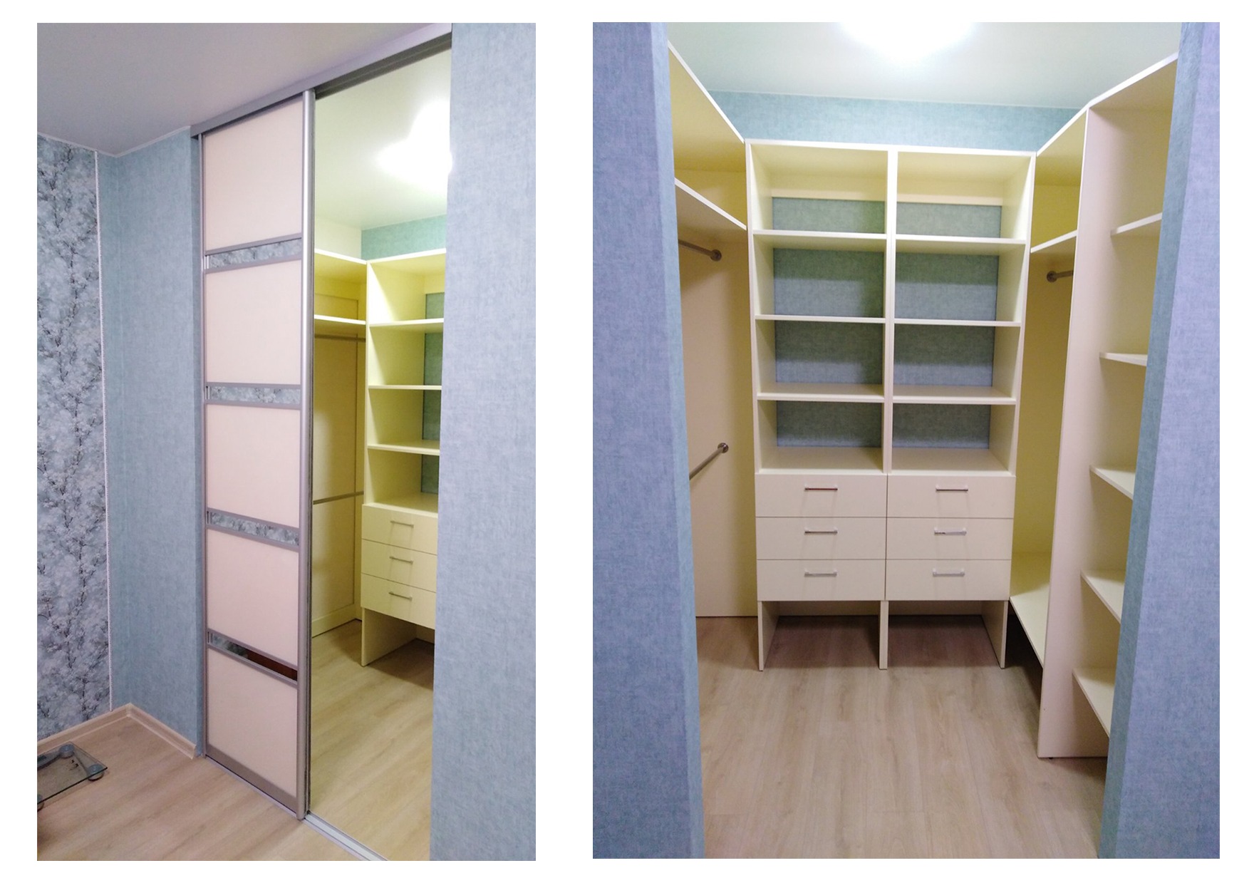 Jasna szafa wnękowa z przesuwnymi drzwiami z lustrem i dekoracyjnymi wstawkami, widok na wnętrze z półkami i szufladami. Realizacja na wymiar.