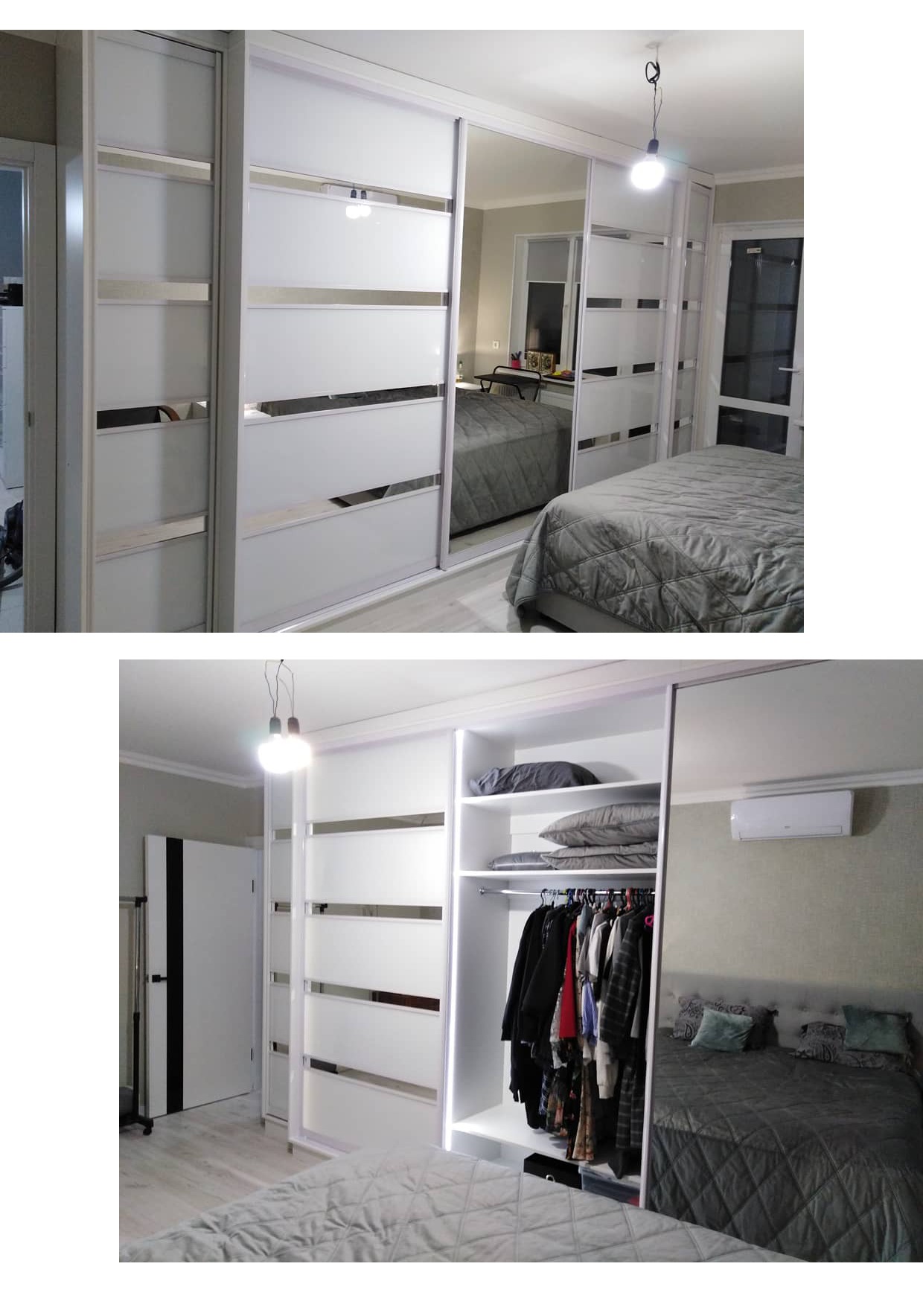 Biała szafa przesuwna z lustrem w sypialni, widok na wnętrze z ubraniami i półkami. Minimalistyczny design, szklane panele, oświetlenie LED.