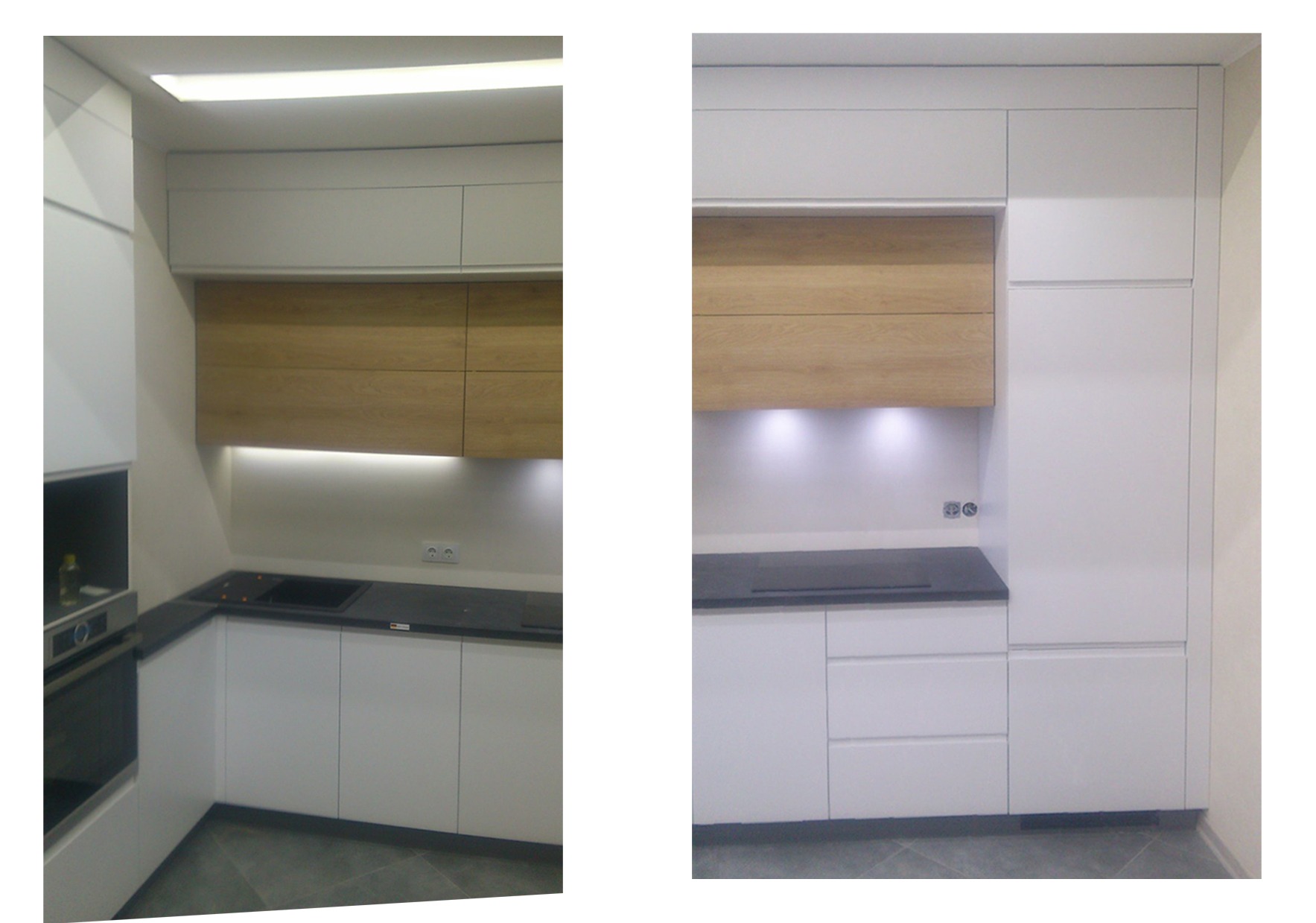 Nowoczesna kuchnia z białymi szafkami i drewnianymi akcentami, oświetleniem LED pod szafkami wiszącymi. Minimalistyczny design, czarne blaty i płyta indukcyjna.