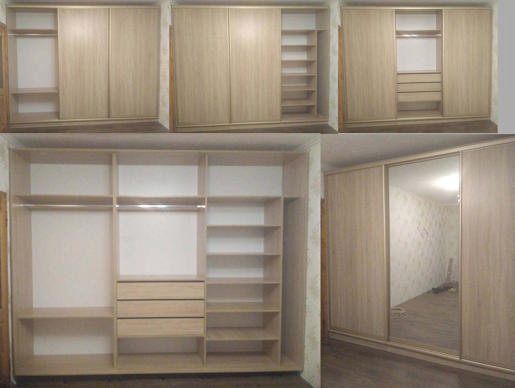 Jasna szafa wnękowa z przesuwnymi drzwiami, z lustrem i otwartymi półkami, widok z różnych perspektyw, prezentacja wnętrza i funkcjonalności szafy.