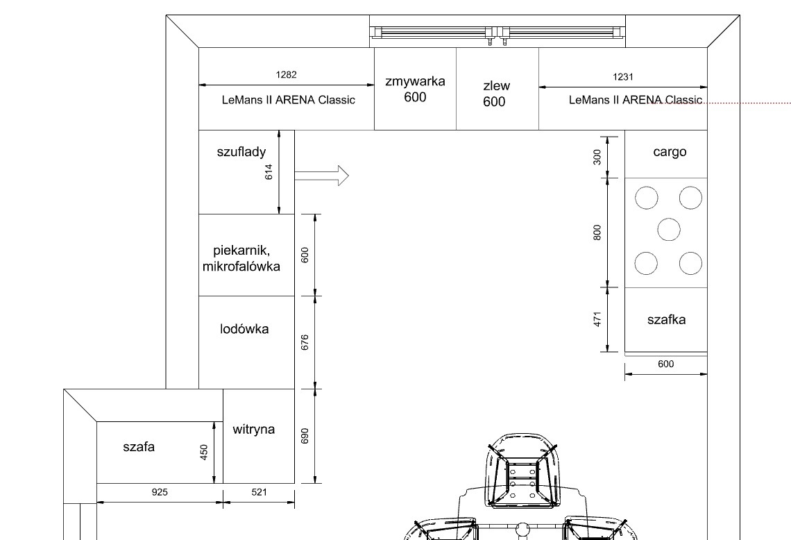 Schemat kuchni z wymiarami szafek, piekarnika, lodówki, zlewu i zmywarki. Plan zabudowy kuchennej z uwzględnieniem rozmieszczenia sprzętów AGD.