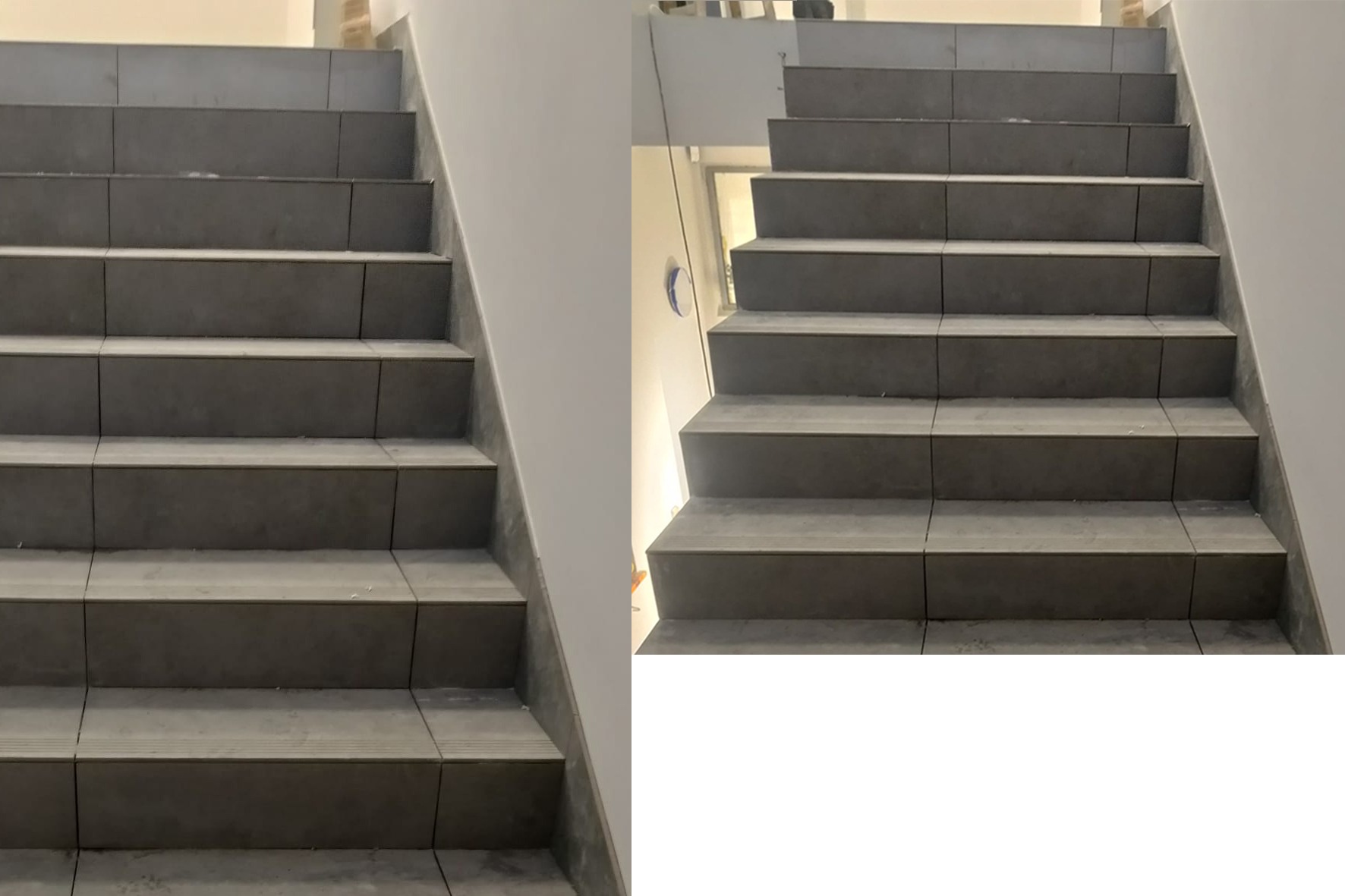 Wykończone schody z szarymi płytkami, widok z dołu. Minimalistyczny design, jasne ściany. Widoczne fugi i krawędzie płytek. Dbałość o detale wykończenia.