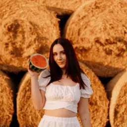 Uśmiechnięta kobieta w białym stroju trzymająca przekrojonego arbuza na tle stogów siana w ciepłym, zachodzącym słońcu.