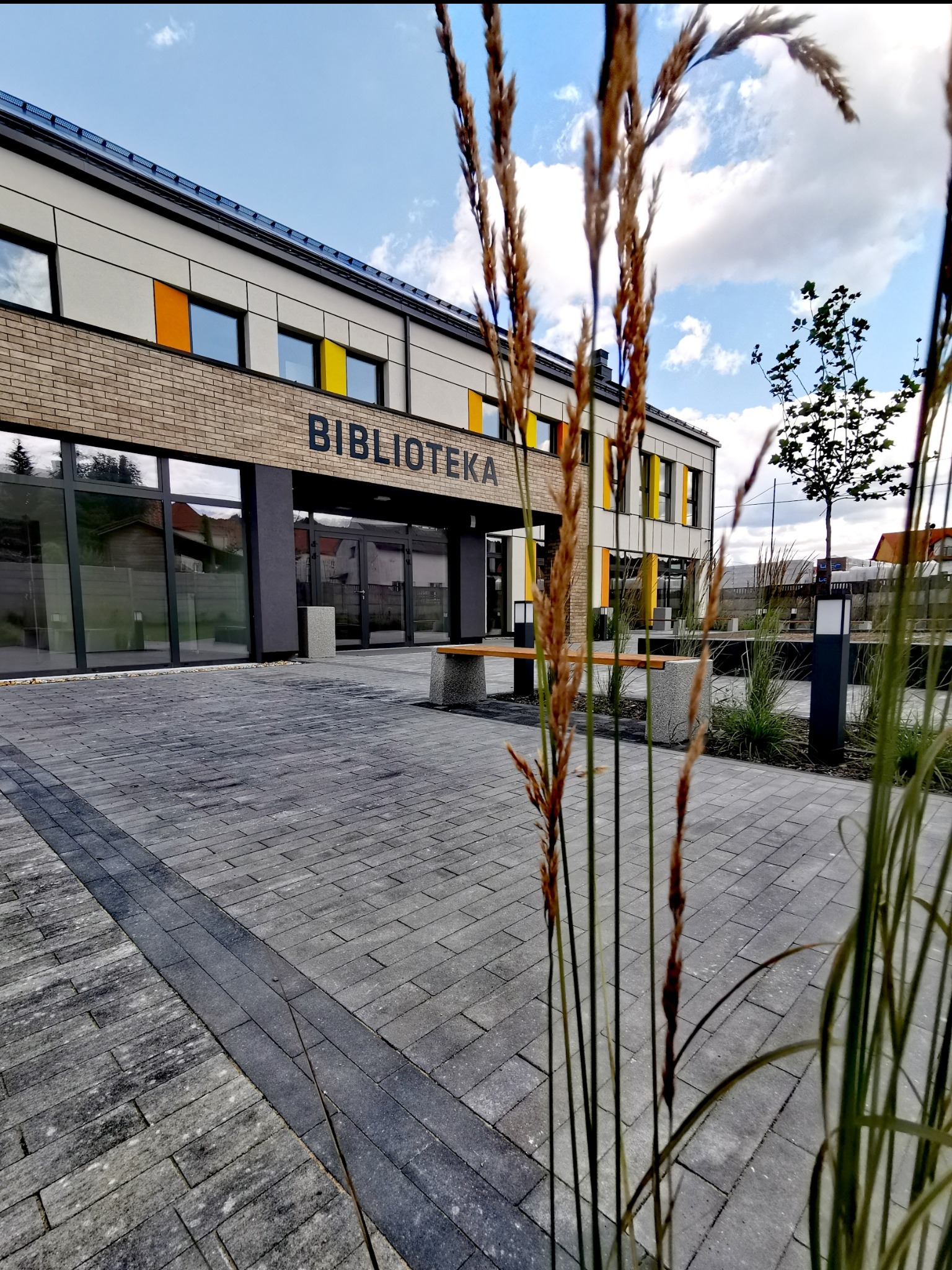 Nowoczesny budynek biblioteki z szarych cegieł i kolorowymi akcentami, otoczony chodnikiem z szarej kostki brukowej i ozdobną roślinnością, widziany z perspektywy trawy.