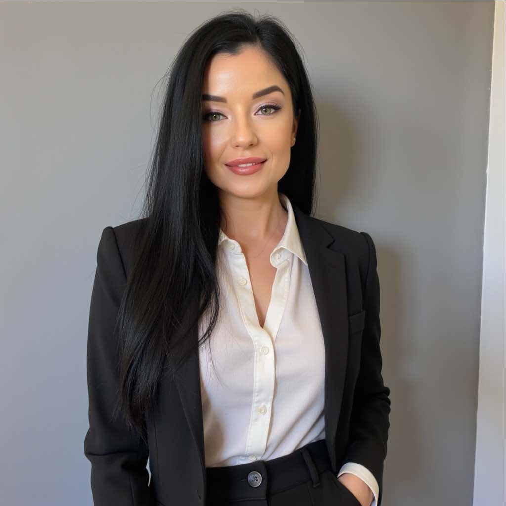 Portret kobiety w czarnym garniturze i białej koszuli na szarym tle, uśmiechnięta, z długimi czarnymi włosami i delikatnym makijażem.