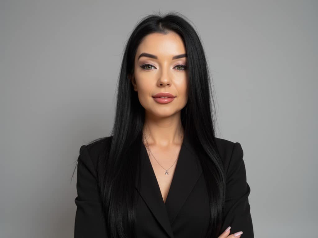 Portret kobiety w czarnej marynarce z delikatnym naszyjnikiem na szarym tle, skrzyżowane ręce.