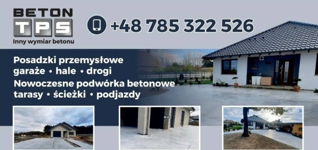 Baner reklamowy firmy betonowej z numerem telefonu i przykładami realizacji: podwórko z wylewką, garaż z betonową podłogą, dom z betonowym podjazdem.