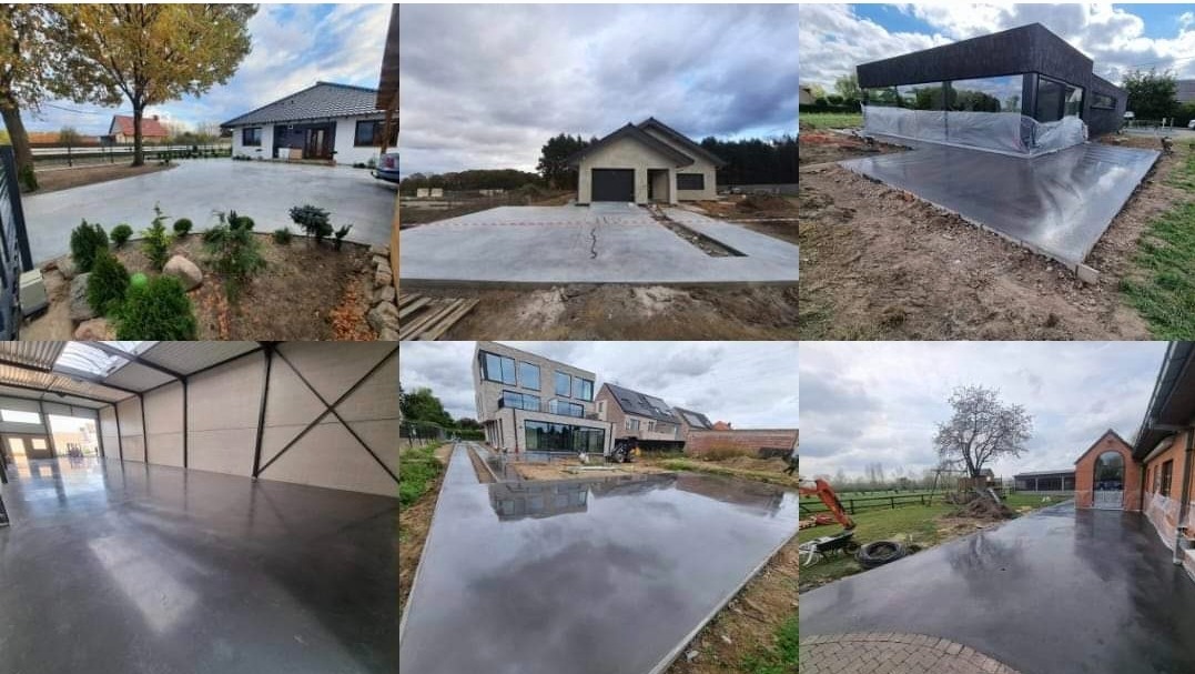 Kompozycja sześciu zdjęć prezentujących różnorodne realizacje betonowych powierzchni: wylewki przed domami jednorodzinnymi, wewnątrz hali przemysłowej, oraz w przestrzeni ogrodowej, ukazujące stan...
