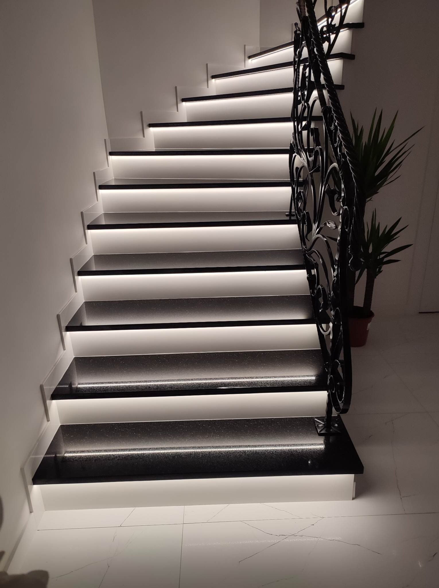 Nowoczesne schody wewnętrzne z czarnymi stopniami podświetlonymi od spodu, z ozdobną metalową balustradą i rośliną doniczkową w tle.