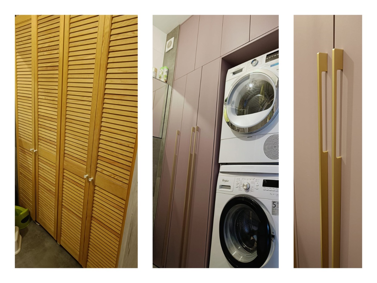 Trzyczęściowe ujęcie: drewniane drzwi żaluzjowe, zabudowa w odcieniach fioletu z pralką i suszarką oraz zbliżenie na złote, podłużne uchwyty szafek.