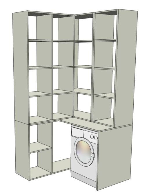Wizualizacja 3D narożnej zabudowy meblowej z półkami, z miejscem na pralkę, w jasnych odcieniach szarości.