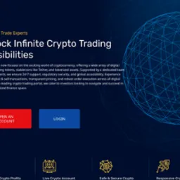 Strona internetowa platformy kryptowalutowej z hasłem 'Unlock Infinite Crypto Trading Possibilities', przyciskami 'Open an Account' i 'Login' oraz grafiką sfery z siatki.