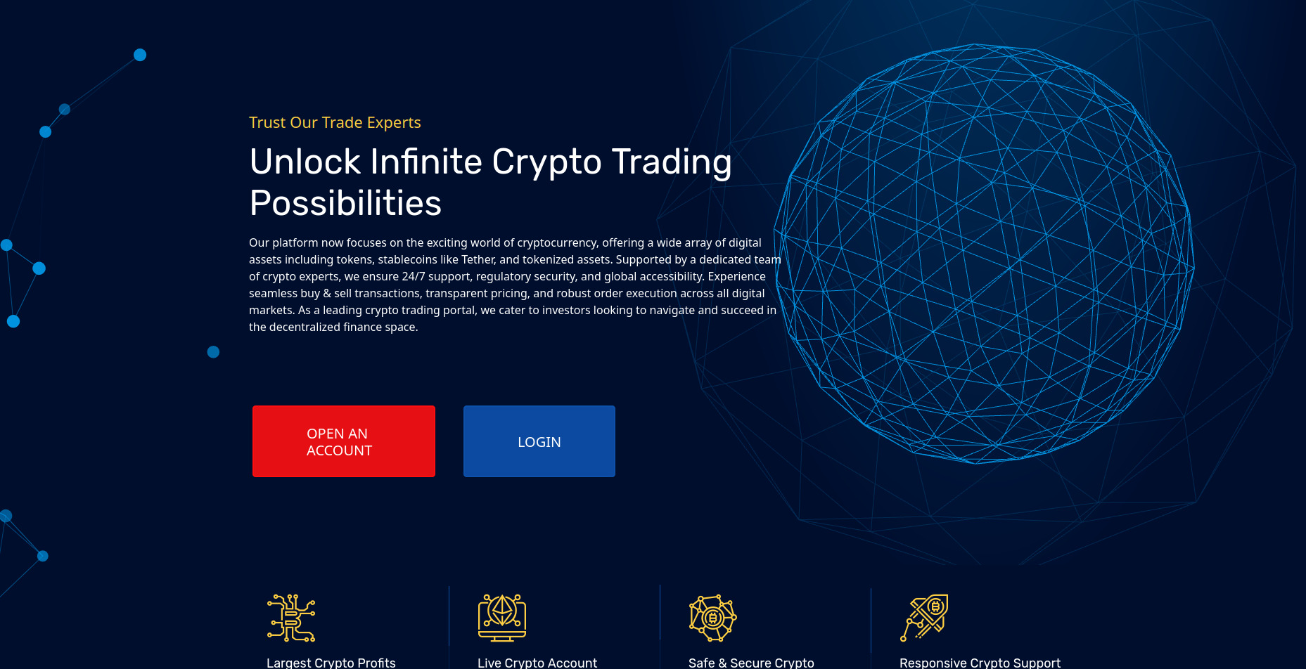 Strona internetowa platformy kryptowalutowej z hasłem 'Unlock Infinite Crypto Trading Possibilities', przyciskami 'Open an Account' i 'Login' oraz grafiką sfery z siatki.