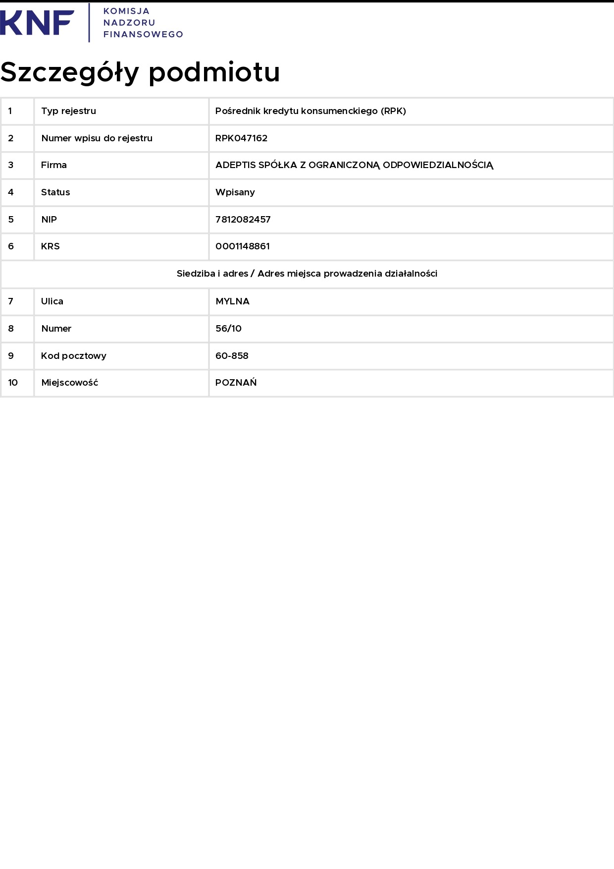 Dokument z danymi firmy ADEPTIS Spółka z ograniczoną odpowiedzialnością, wpisanej do rejestru pośredników kredytu konsumenckiego pod numerem RPK047162, z adresem siedziby w Poznaniu, zawierający...