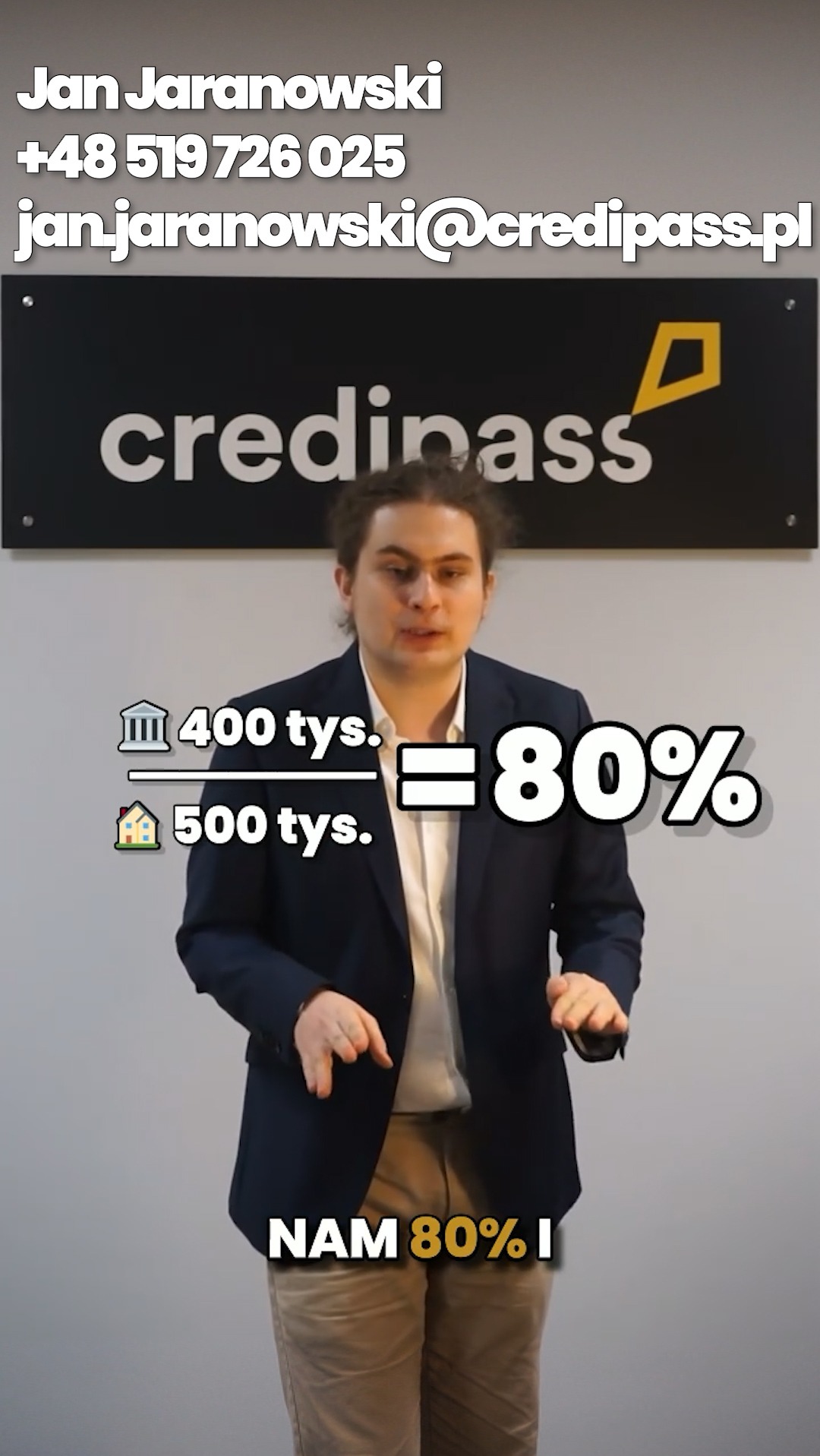 Mężczyzna w marynarce prezentuje infografikę z porównaniem kwot 400 tys. i 500 tys. oraz wynikiem 80% na tle logo firmy finansowej Credipass.