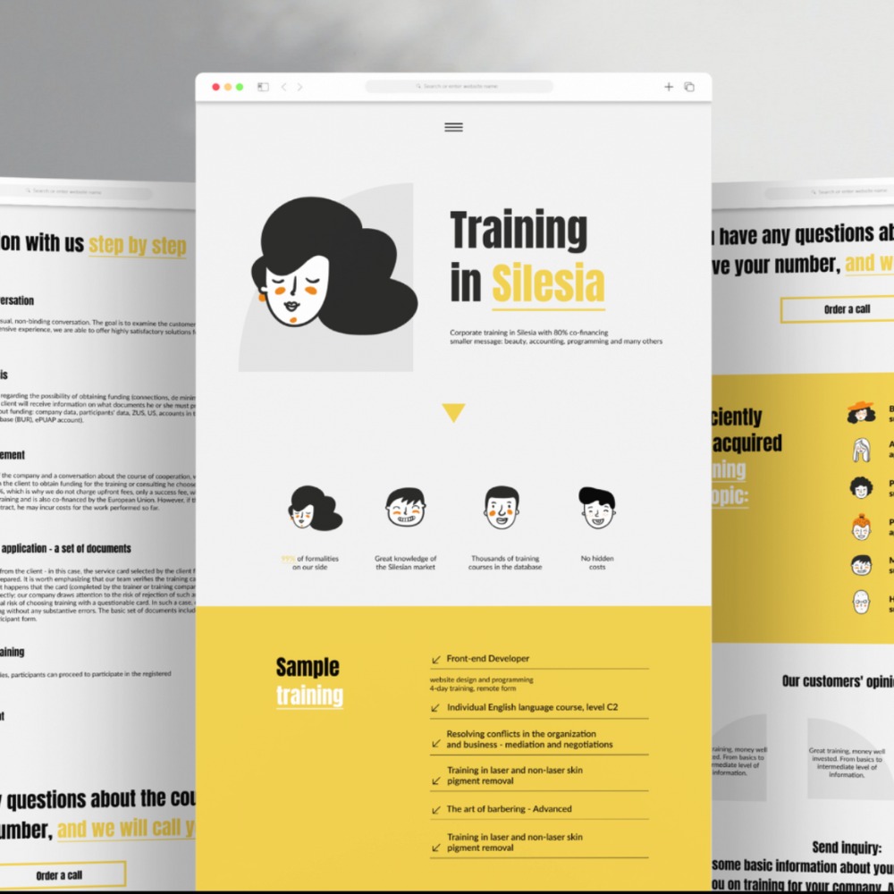 Zrzut ekranu strony internetowej z ofertą szkoleń 'Training in Silesia' z ilustracjami i informacjami o kursach, w tym programowanie front-end i język angielski.