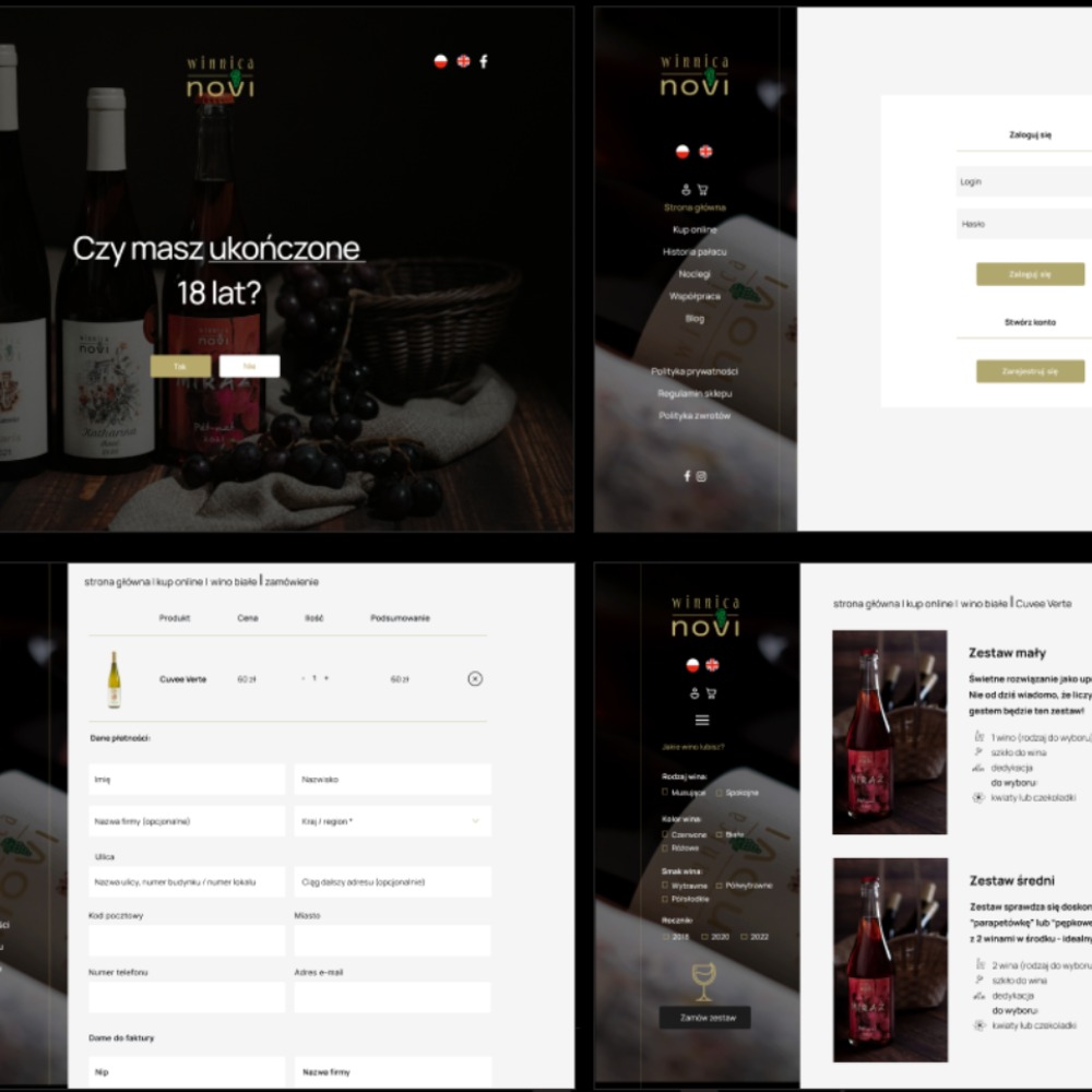 Responsywna strona internetowa winnicy z pytaniem o wiek, menu nawigacyjne i formularz zamówienia online z produktami w koszyku.