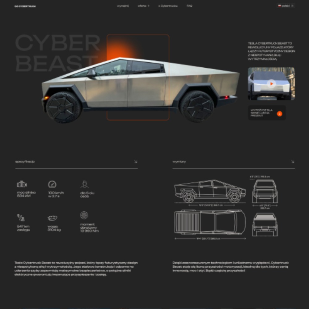 Strona internetowa prezentująca futurystyczny model samochodu elektrycznego Cybertruck z pomarańczowym gradientem w tle, obok specyfikacja techniczna i wymiary pojazdu.