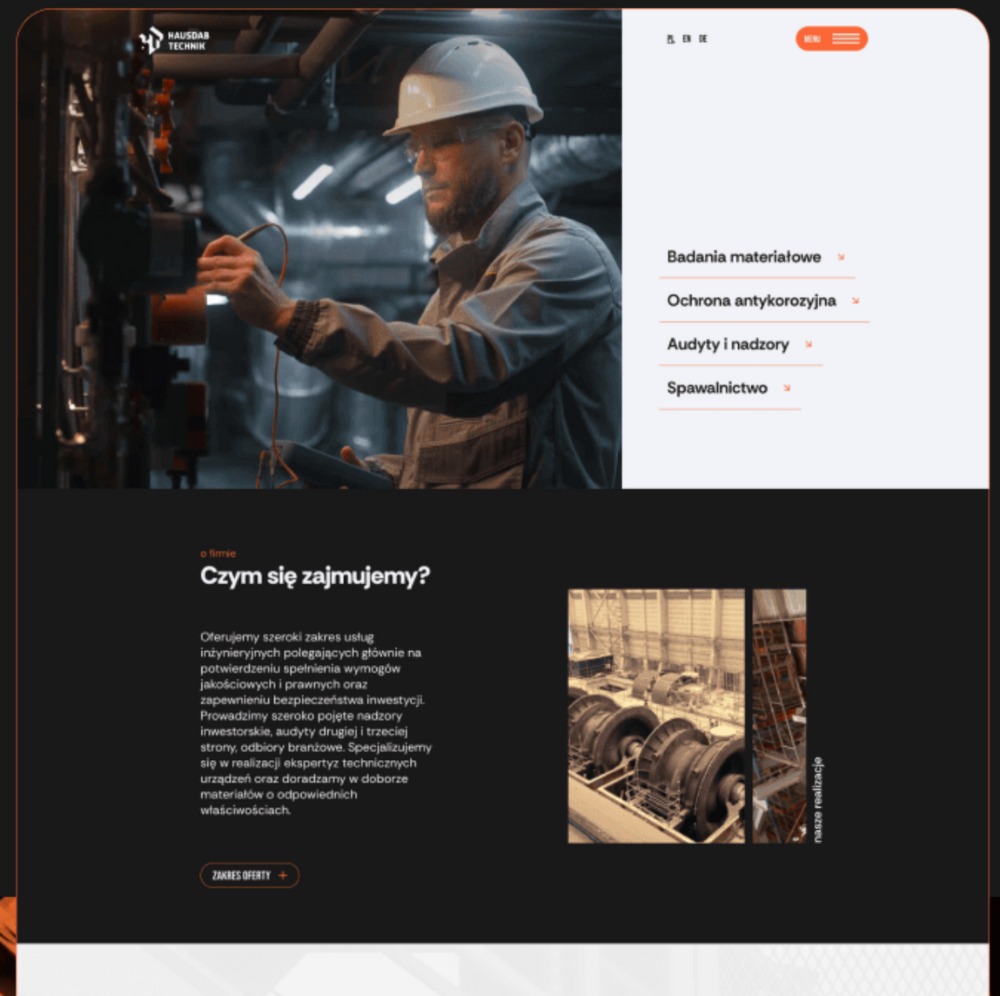 Strona internetowa firmy inżynieryjnej Hausdab Technik prezentująca usługi: badania materiałowe, ochrona antykorozyjna, audyty i nadzory, spawalnictwo. Na pierwszym planie inżynier w kasku...