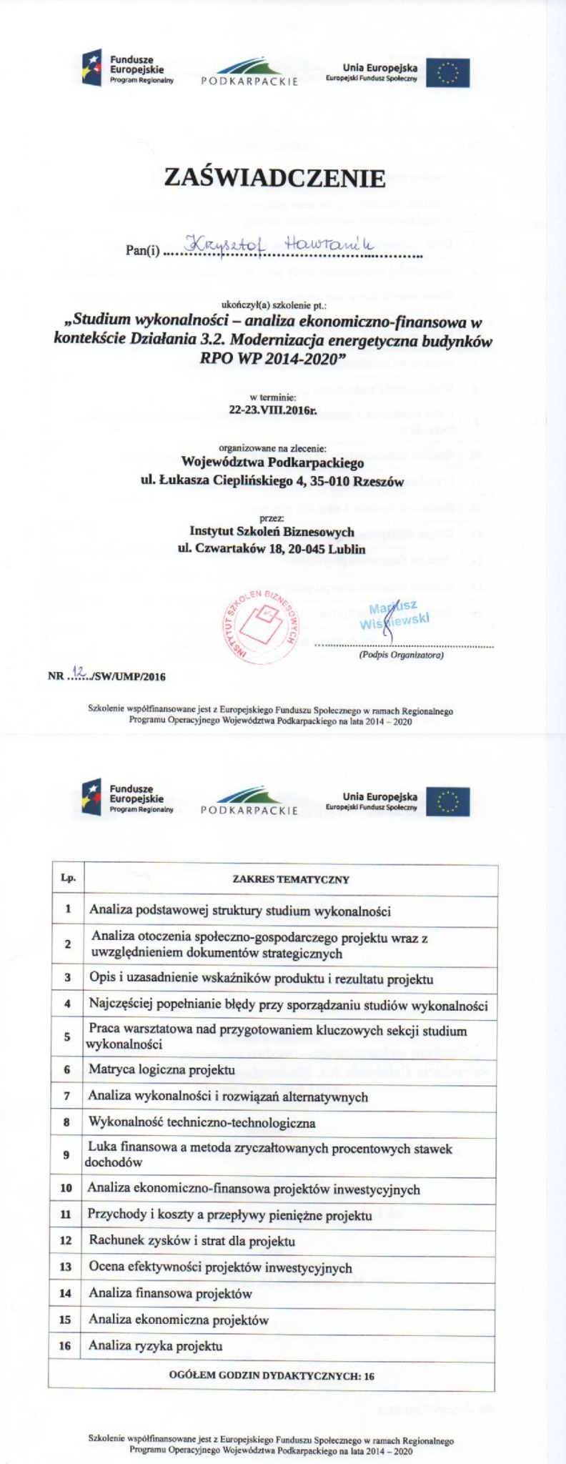 Zaświadczenie dotyczące ukończonego szkolenia z zakresu analizy ekonomiczno-finansowej