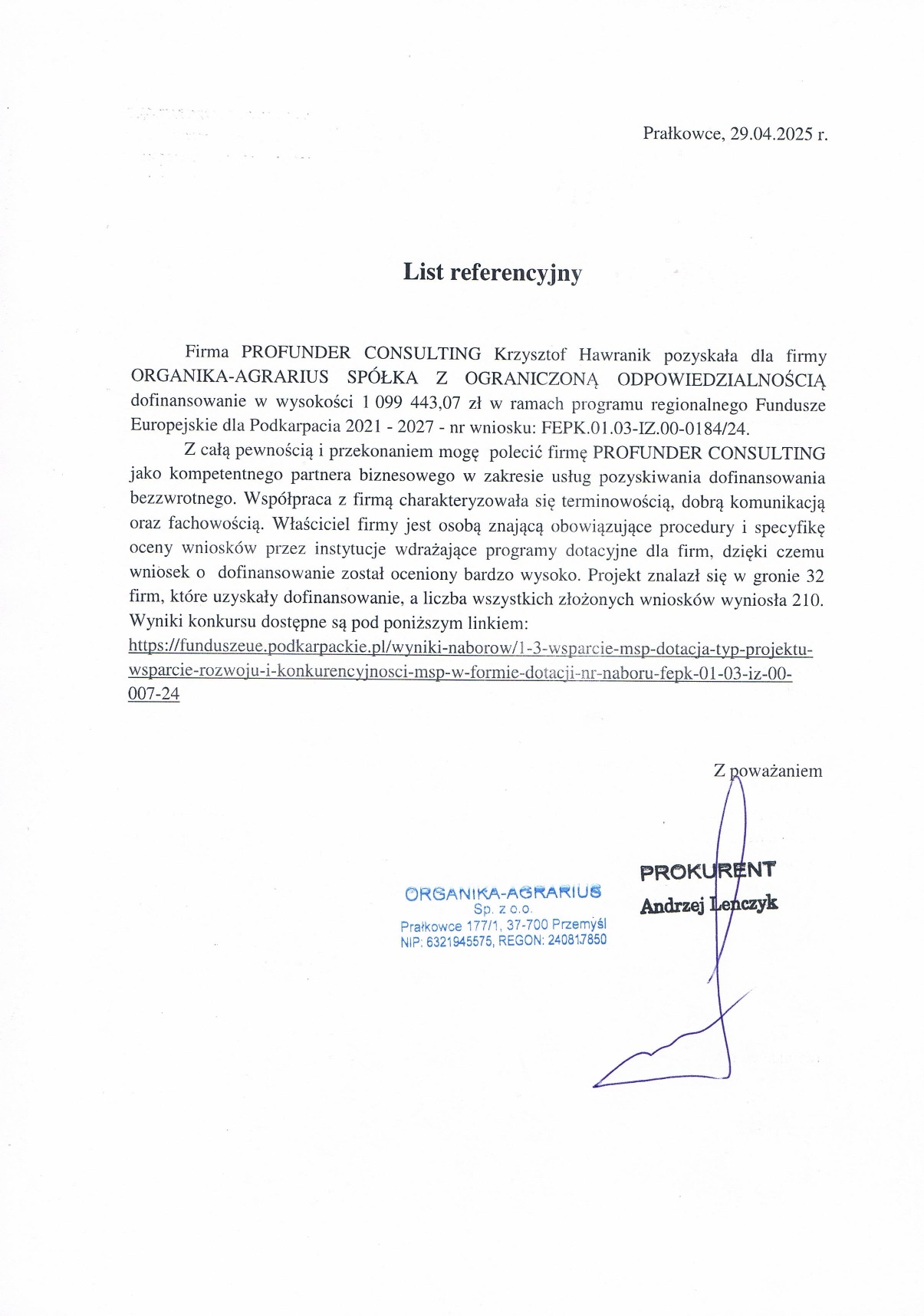 Referencje od firmy Organika-Agrarius, Przemyśl