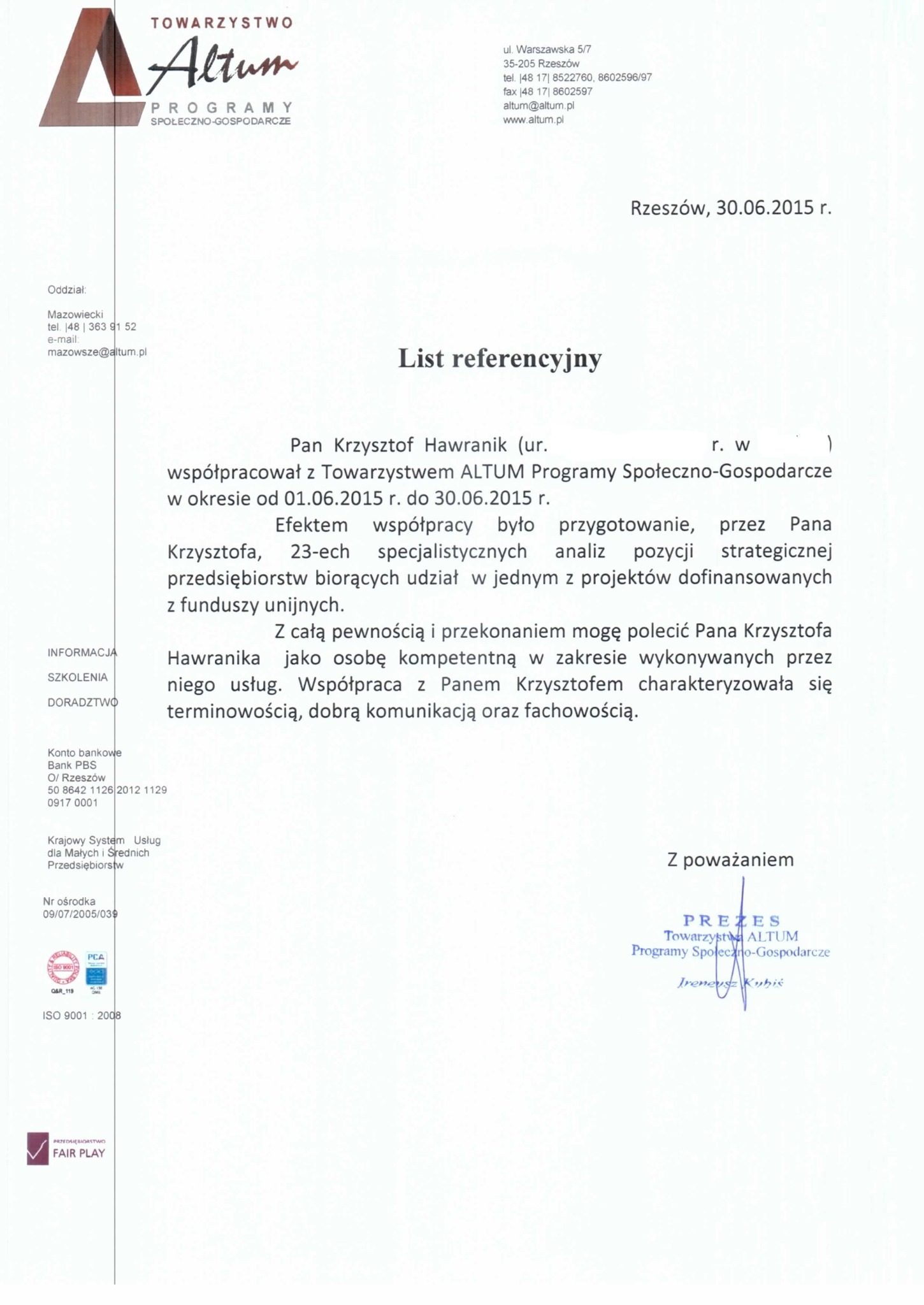 Referencje - opracowanie specjalistycznych analiz strategicznych