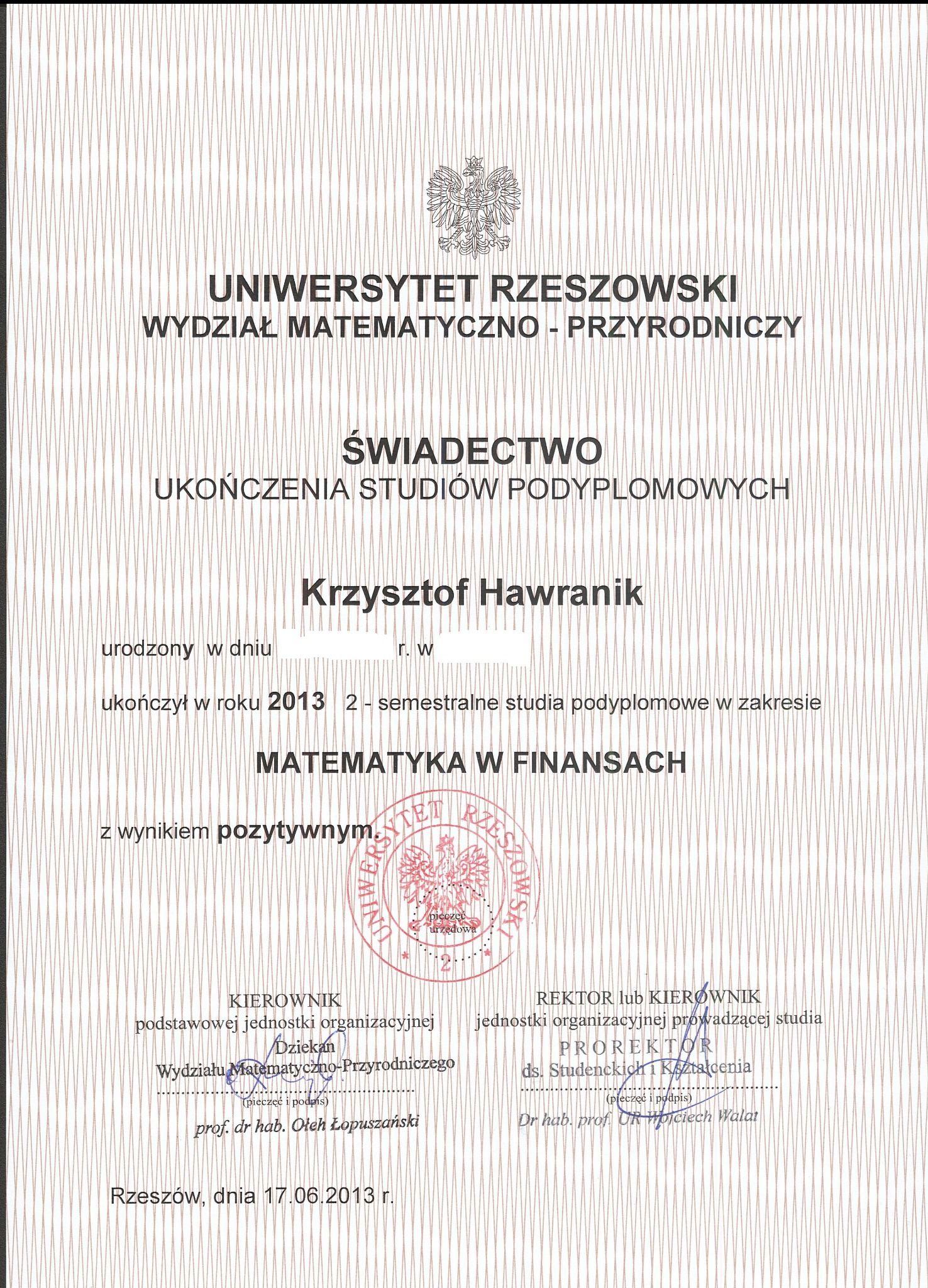 Świadectwo ukończenia studiów podyplomowych