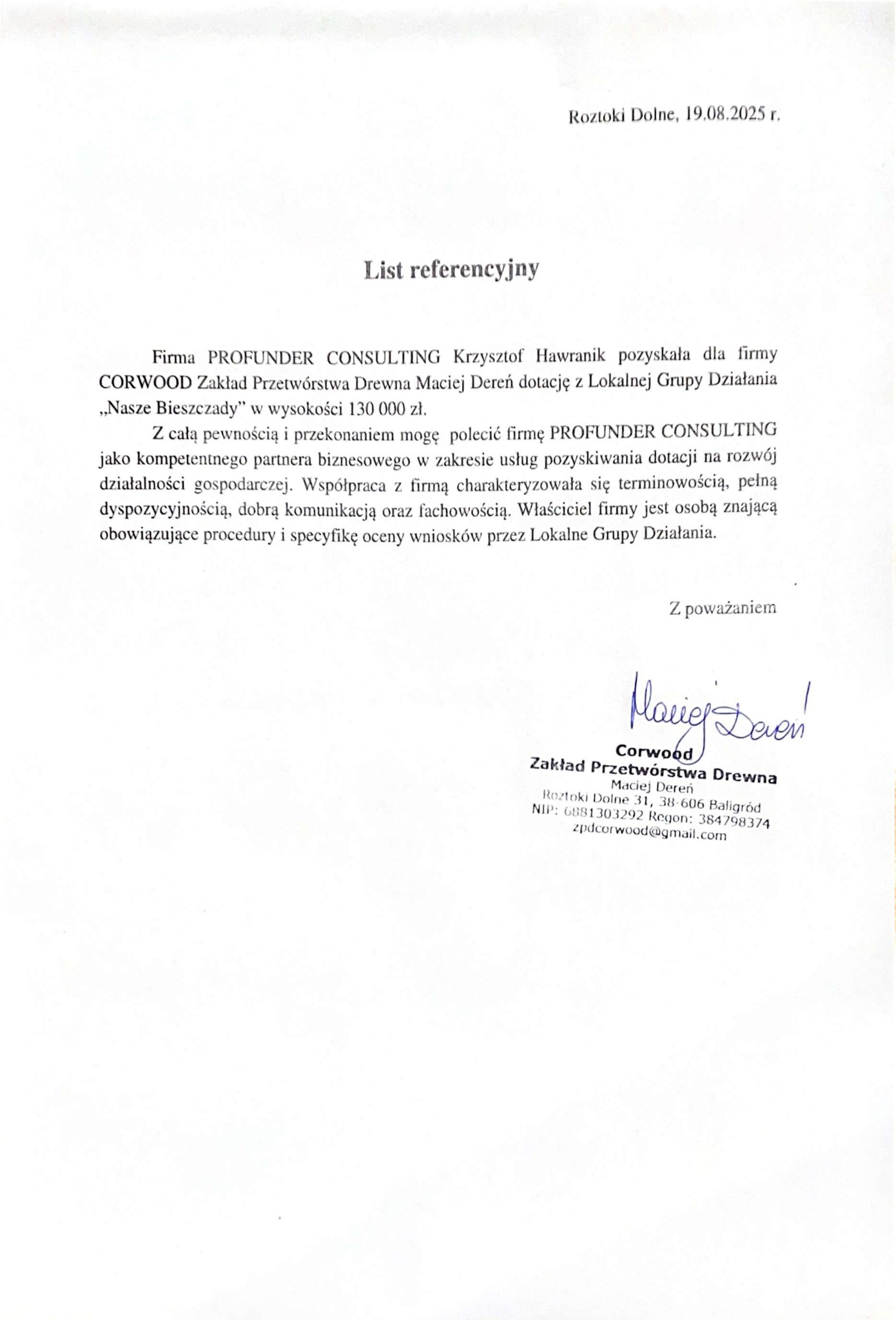 Referencje - pozyskanie dotacji z LGD 'Nasze Bieszczady'