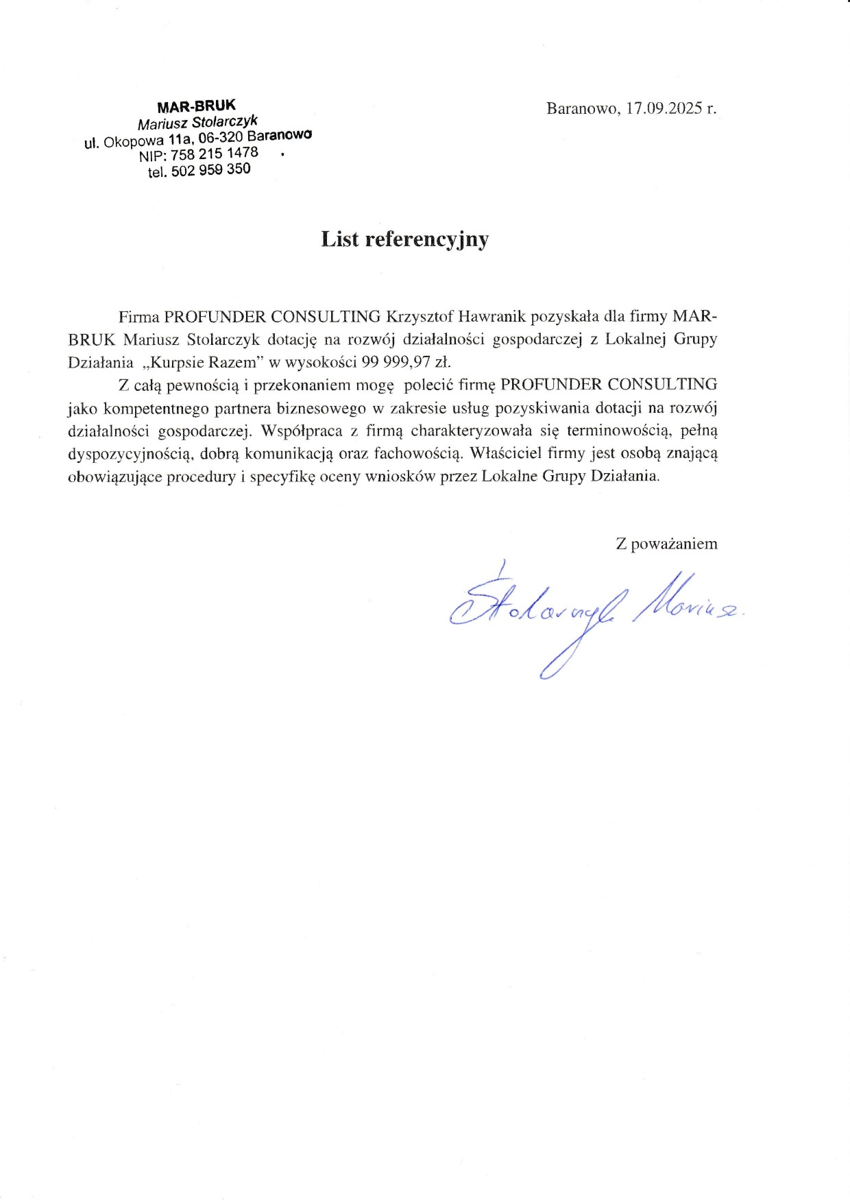 Referencje - pozyskanie dotacji z LGD na rozwój działalności