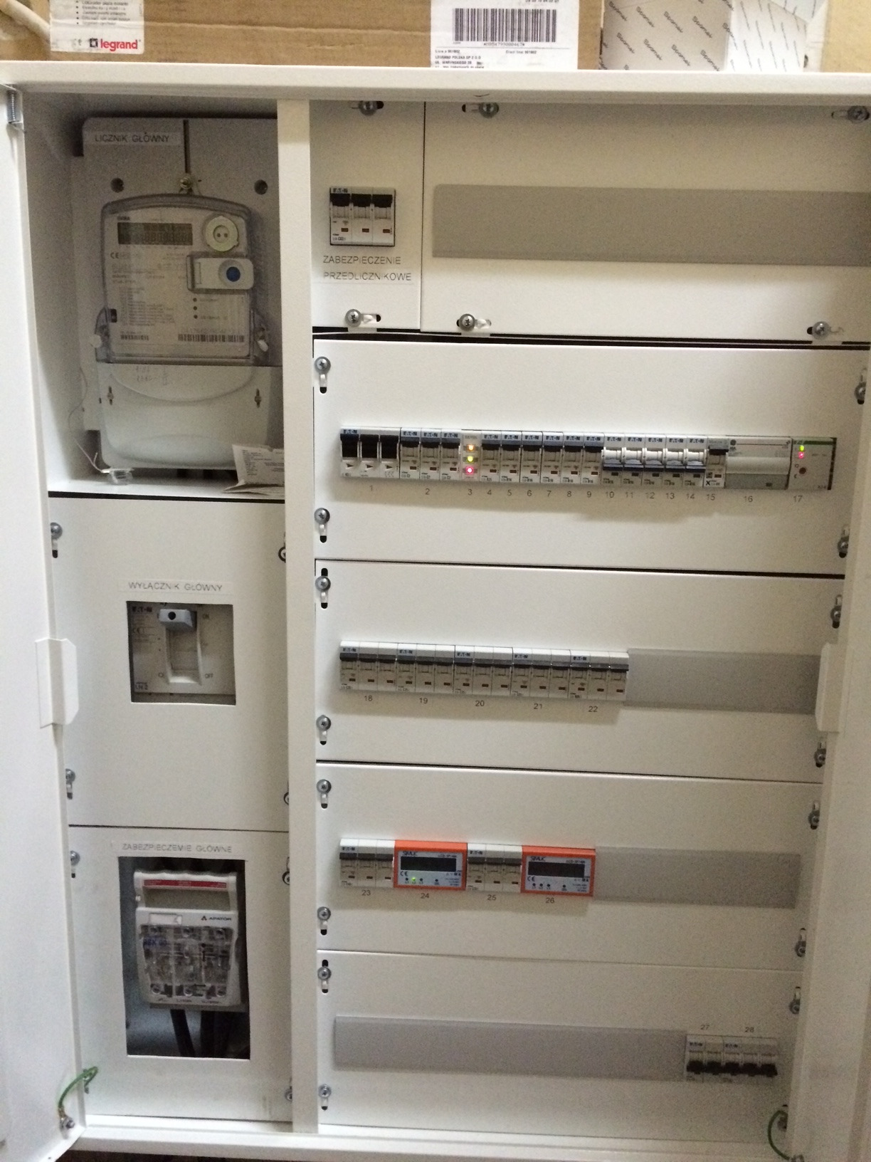 Otwarta szafa elektryczna z licznikiem głównym, wyłącznikiem głównym, zabezpieczeniem przedlicznikowym i szeregiem wyłączników nadprądowych oraz modułów pomiarowych, widoczne oznaczenia numeryczne...