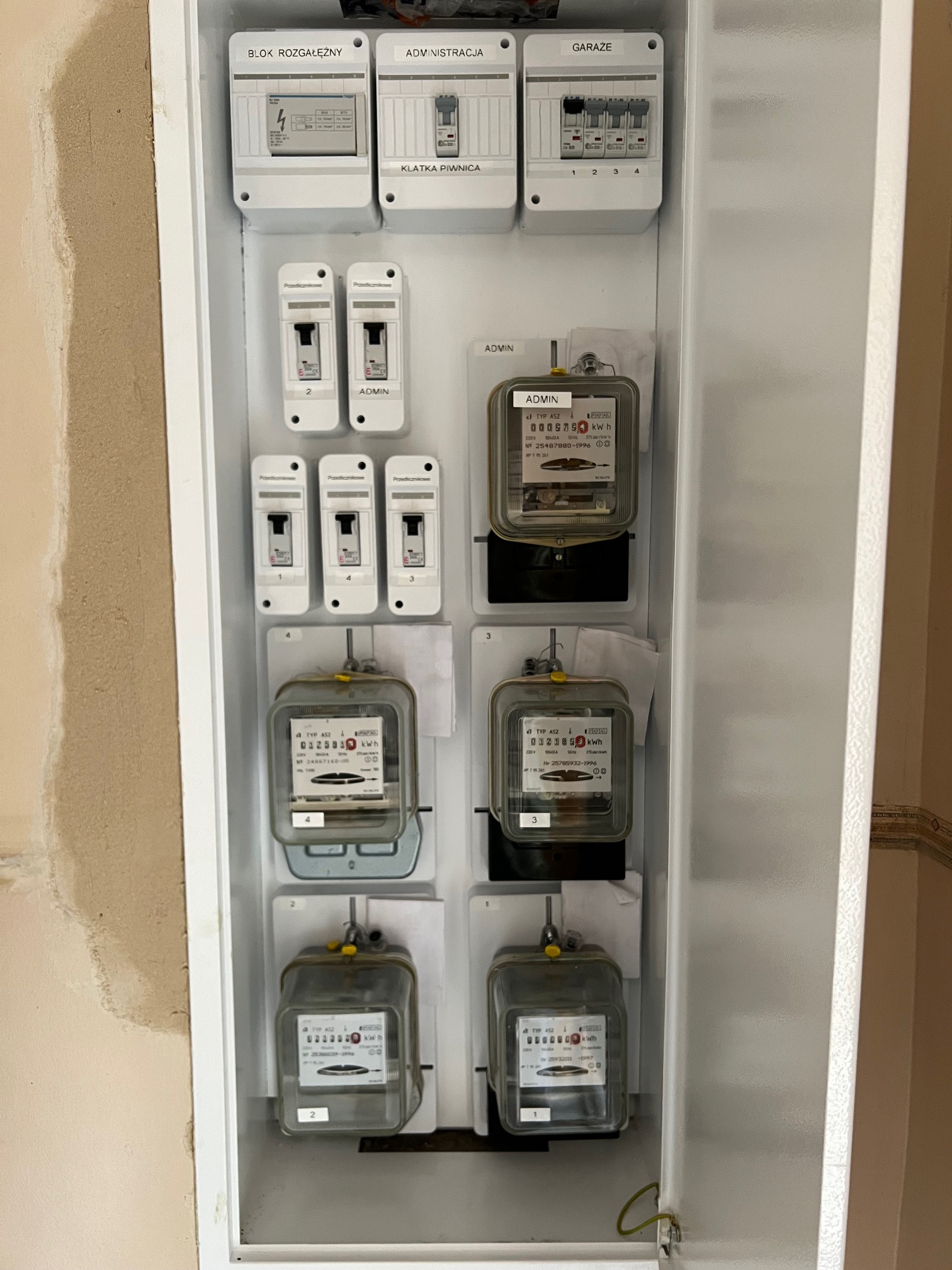 Szafka elektryczna z licznikami i bezpiecznikami, widoczne oznaczenia 'Blok Rozgałęźny', 'Administracja', 'Garaże', 'Klatka Piwnica', liczniki z oznaczeniem 'Admin', przewody uziemiające