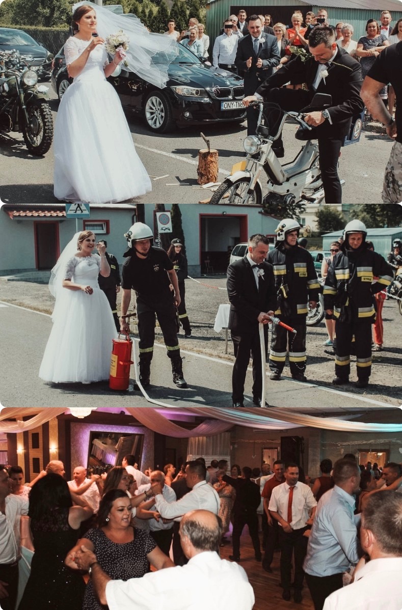 Panna młoda z bukietem, pan młody wsiadający na motorower, strażacy z sikawką i tłum tańczących gości weselnych - nietypowe tradycje ślubne.